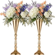 Studyset Elegant Gold Metal Trumpet Vase Centerpiece, Wedding Centerpieces Vase, Gold Centerpieces Table Tall Crystal Flowers Stand Wedding Flower Holders Crystal Chandelier for Anniversary Ceremony