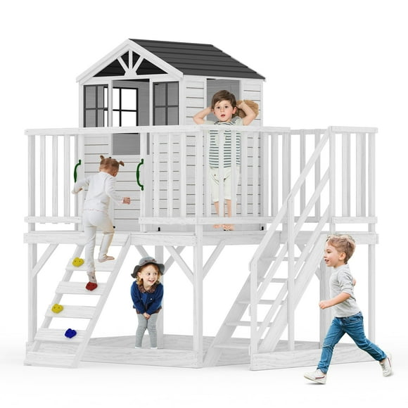 Studyset Elevated Cedar Wooden Kids Playhouse with Step Ladder,Kids Outdoor Playhouse with Climbing Wall,2 Story Wooden Playhouse with Sandbox,for Outdoor Play