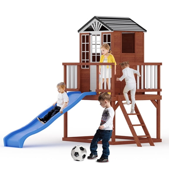 Studyset Elevated Cedar Wooden Kids Playhouse with Slide,Kids Outdoor Playhouse,2 Story Wooden Playhouse with Climbing Wall,for Outdoor Play