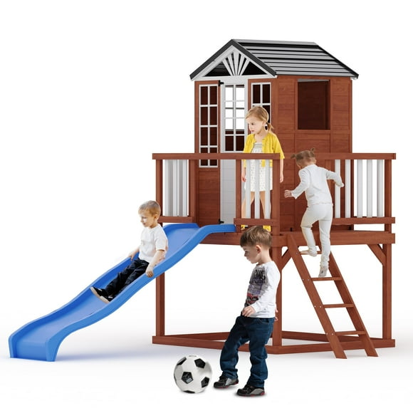 Studyset Elevated Cedar Wooden Kids Playhouse with Slide,Kids Outdoor Playhouse,2 Story Wooden Playhouse with Climbing Wall,for Outdoor Play