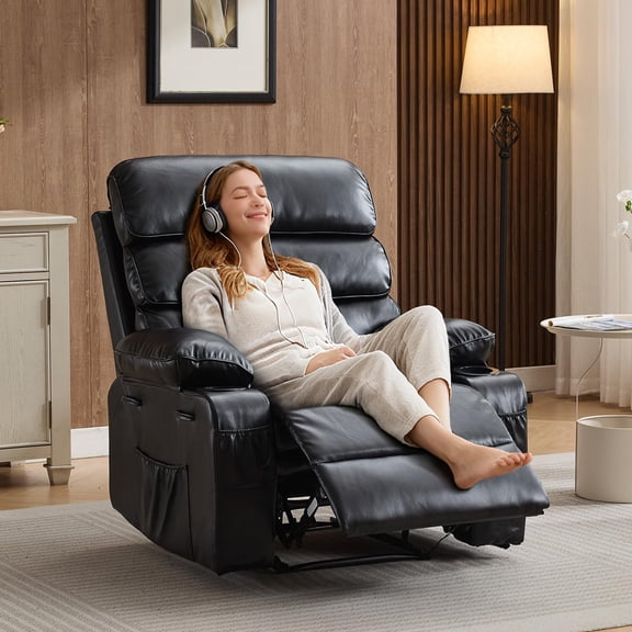 Studyset Extra Wide PU Leather Manual Recliner Chair with Massage & Heat, 27 in Seat, 400 lb Capacity - Thick Padded Arms/Back, Cup Holders, Side Pocket, Footrest