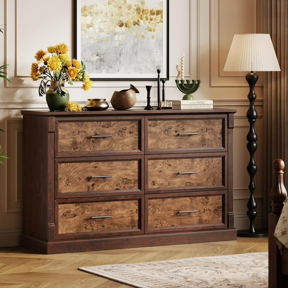 Studyset Farmhouse 6 Drawer Dresser for Bedroom,Rustic Wood Chest of Drawers with Metal Handles,Large Double Dresser TV Stand,Storage Dressers Organizer,Modern Dresser for Bedroom,Living Room,Hallway