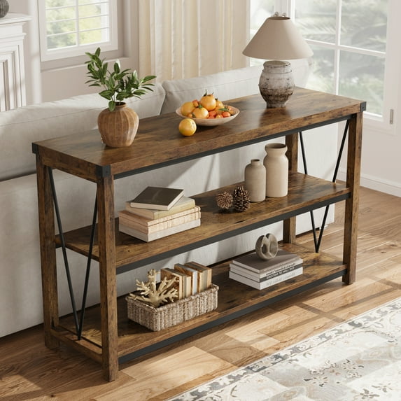 Studyset Farmhouse Entryway Table,47 Inch Narrow Long Console Table with Storage, 3 Tier Wood Console Table for Living Room, Farmhouse Sofa Tables Behind Couch, Hallway Table for Foyer-Rustic Brown