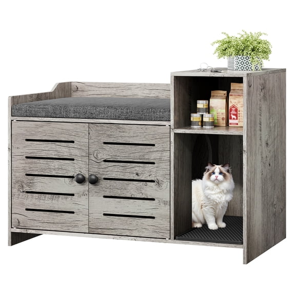 Studyset Farmhouse Hidden Cat Litter Box Enclosure Cabinet, Wooden Covered Litter Box Cabinet, Cat Furniture with Mark Pad and Storage Shelf, Discreet Indoor Cat House for Hallway