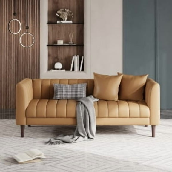 Studyset Faux Leather Sofa Couch, Modern 78" W Sofa with Deep Seats, 3 Seater Sofa Couch with 2 Throw Pillows and Wood Legs, Easy Assembly, for Living Room, Bedroom,