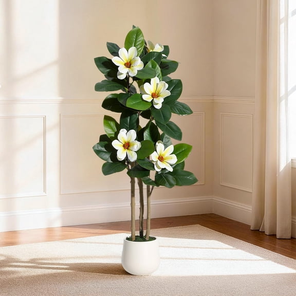Studyset Fiddle Leaf Fig Tree, Artificial Plant, Large Fake Tree in White Planter, Faux Rubber Tree Fake Floor Plant with Magnolia Flowers, Artificial Tree for Home Office Living Room Decor