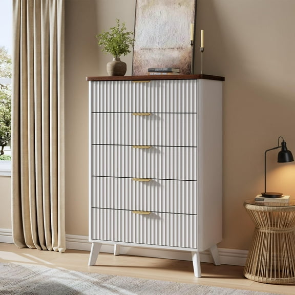 Studyset Fluted Dresser for Bedroom with 5 Deep Drawers, 5 Drawers Dresser for Bedroom, 47.2" Tall Dressers with Curved Profile Design, Fluted Wood Drawers with Gold Handle