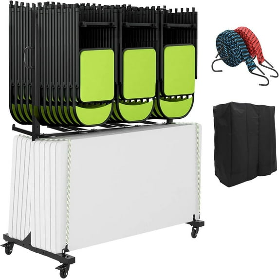 Studyset Folding Chair Rack, Folding Table and Chair Cart with Cover, Multi-Function Chair Storage Dolly with PVC Lock Wheels, 400 LBS Capacity for 42 Chair, Heavy Duty Metal Chair Rack