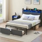 Studyset Full Size Bed Frame with 2 Storage Drawers, Upholstered Storage Headboard with LED Lights and Charging Station, Full Metal Platform Bed Frame, Noise Free, No Box Spring Needed
