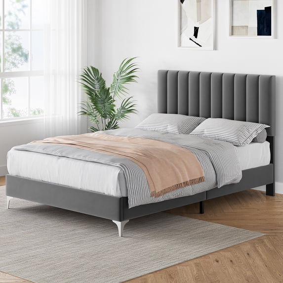 Studyset Full Size Bed Frame with Adjustable Headboard, Velvet Upholstered Platform Bed Frame with Wooden Slats Support, No Box Spring Needed, Grey Velvet Bed Frame