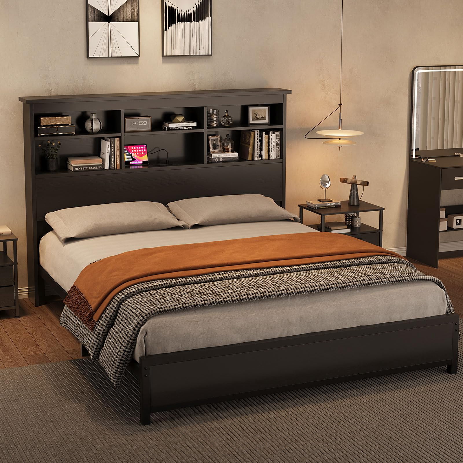 Studyset Full Size Bed Frame with Bookcase Headboard,2-Tier Storage ...