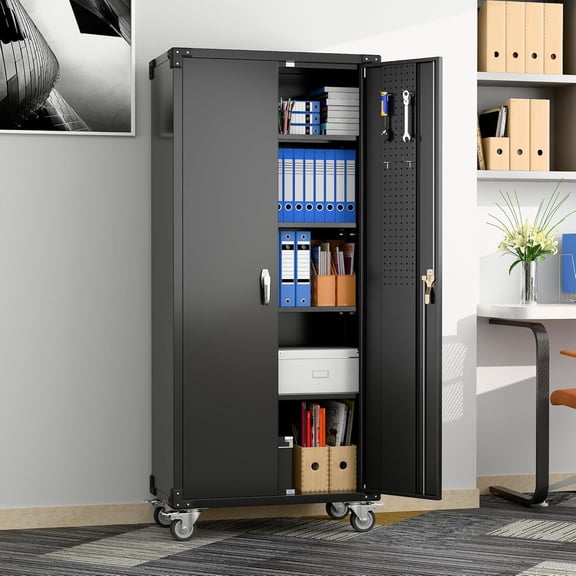 Studyset Garage Storage Cabinet with Wheels, 72" H Locking Metal Storage Cabinet with 2 Doors, 4 Adjustable Shelves & Door Pegboard for Garage Workshop Home Office, Black