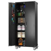 Studyset Garage Storage Cabinet with Wheels & Pegboard, 72" H Locking Metal Storage Cabinet with 2 Doors & 4 Adjustable Shelves for Garage Workshop Home Office, Black