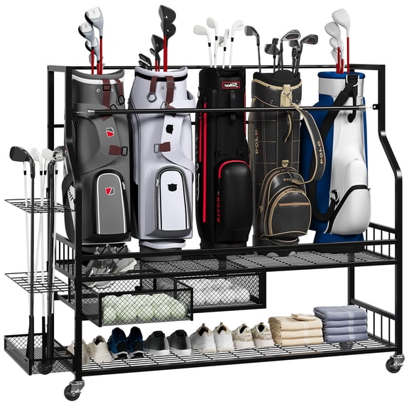 Studyset Golf Bag Storage Rack on Wheels, Golf Bag Storage Rack with Wheels, Golf Bag Stand, Mobile 5-Bag Organizer with Accessory Drawer for Golf Bag and Equipment Accessories Garage