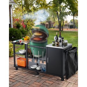 Studyset Grill Table for Big Green Egg, Heavy Duty Metal Outdoor Grill Station Prep Table with Stainless Steel Top, Storage Cabinet & Wheels, Outdoor Kitchen Island, Compatible with Egg Kamado Griller