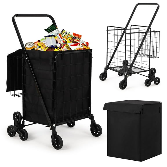 Studyset Grocery Shopping Cart,Stair Climbing Shopping with Waterproof Basket Liner & 360° Rolling Swivel Wheels,Heavy Duty Utility Cart,Portable Collapsible Grocery for Laundry,Luggage Camping,Black