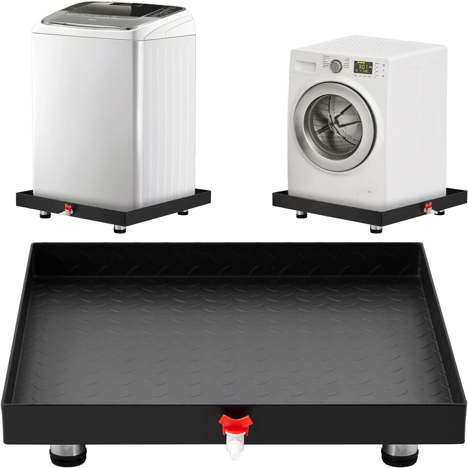 Studyset Heavy-Duty Carbon Steel Washing Machine Pan - 24x24x2in Rust-Free Water Damage Protection with 4 Anti-Vibration Feet, Easy Install No-Hole Design