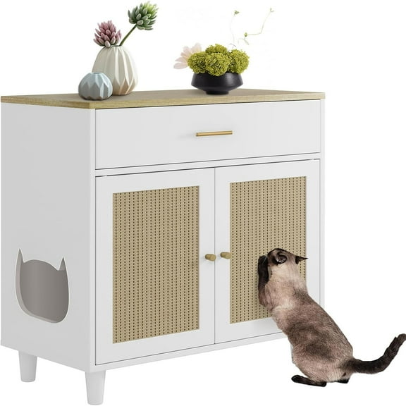 Studyset Hidden Cat Litter Box Furniture with Storage Drawer, Wood Cats Litter Enclosure Cabinet with 2 Sisal Doors, Hidden Enclosed Kitty Litter Box Cabinet Dog Proof for Living Room White