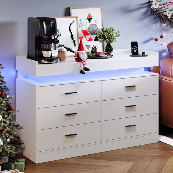 Studyset Hutch Storage Cabinet Buffet with Floating Countertop, Coffee Bar Cabinet with Led Lights & Charging Station, Modern Sideboard Buffet Table 6 Drawers for Living Room, Kitchen