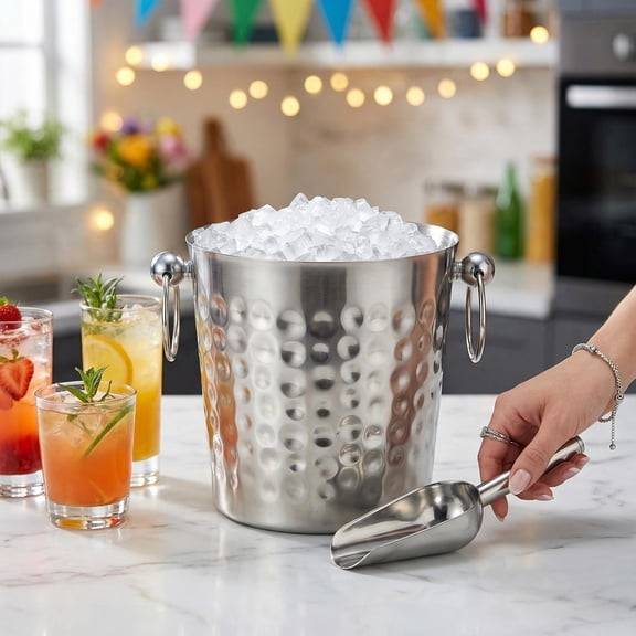 Studyset Insulated Ice Buckets with Lid and Scoop, Metal Bucket with Lid, 3 Liter Iceberg Anchored Wine Chiller Champagne Bucket for Cocktail Bar