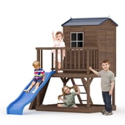 Studyset Kids Outdoor Playhouse with Slide,Elevated Cedar Wooden Kids Playhouse with Step Ladder,2 Story Wooden Playhouse with Sandbox