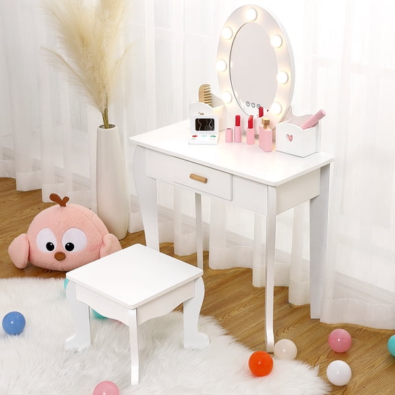 Studyset Kids Vanity Set,Girls' Vanity Table and Chair Set with Mirror & Drawer Kids Makeup Dressing Table with Lights For Age 4-9, Pretend Play Furniture