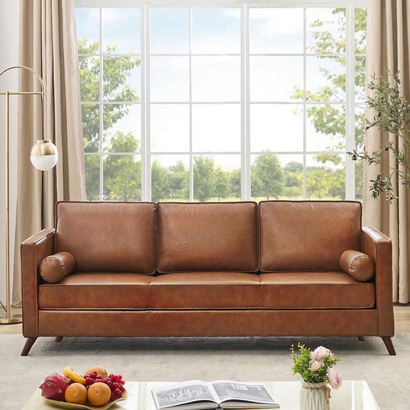 Studyset Leather 3 Seat Sofa,86" Mid Century Modern Leather Sofa Mid-Century Modern Deep Seat Couch with Wide Armrests and Supportive Backrest, Brown PU Couch, Waterproof Oversized Cloud Sofa