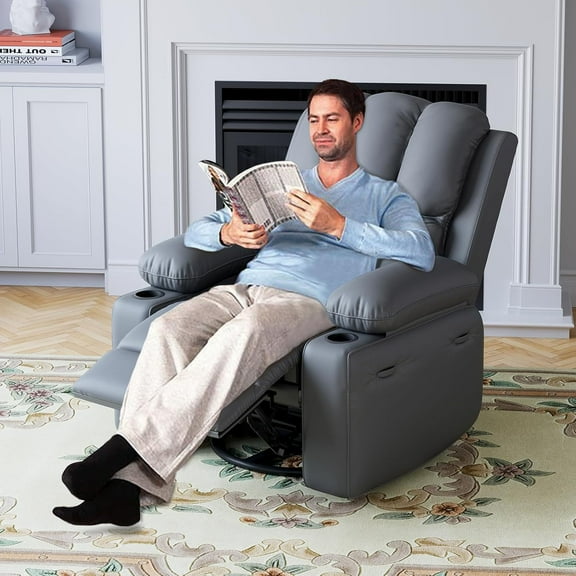 Studyset Leather Recliner Chair, PU Leather Recliner Manual Recliner w/Comfortable Arms and Cup Holders Ergonomic Manual Recliner for Living Room CF8011 Large 21.2" Seat Width for Living Room, Bedroom