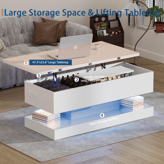 Studyset Lift Top Convertible Dining Table with Storage, Modern High Gloss, Adjustable Expandable Design LED & APP Control Appropriate for Living Room, Dining Room