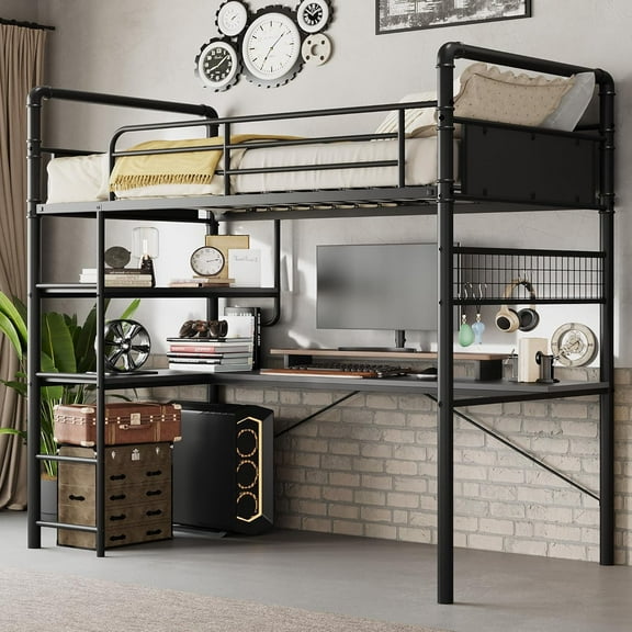 Studyset Loft Bunk Bed with L-Shaped Desk,Space Saving Easy Assembly Loft Beds Twin Loft Bed with Desk Underneath,Metal Bunk Beds with High Guardrail and Ladder