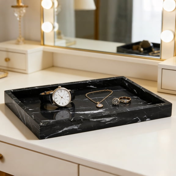 Studyset Luxury Black Natural Marble Tray for Jewelry Tray Vanity Organizer Decorative Marble Bathroom Tray, Stone Countertop Tray for Perfume Kitchen Counter