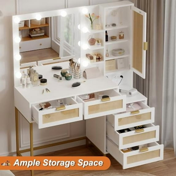 Studyset Makeup Vanity Desk with Lights, White Vanity Table with 10 Led Light Bulbs & Power Outlet, Large Storage Shelves and Drawers Makeup Table for Bedroom, Bathroom Vanity Desk with Mirror and Lig
