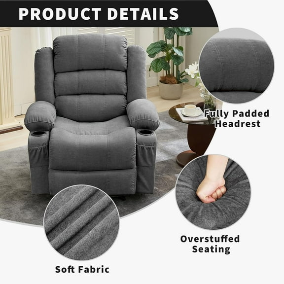 Studyset Manual Recliner Chair, Oversized Rocker Recliner Chair, Adult Rocking Glider Chairs, 2 Cup Holders, Side Pocket, Lounge Chairs with 3 Angle Modes, Wide Comfy Single Sofa for Living Room, Bedr