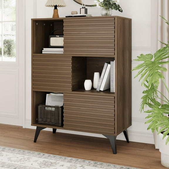 Studyset Mid-Century Modern 3-Tier Display Storage Cabinet with Doors,Wooden Buffet Accent Cabinet with Strong Legs,Pantry Cabinet Coffee Bar for Living Room,Dining Room,Kitchen,Hallway