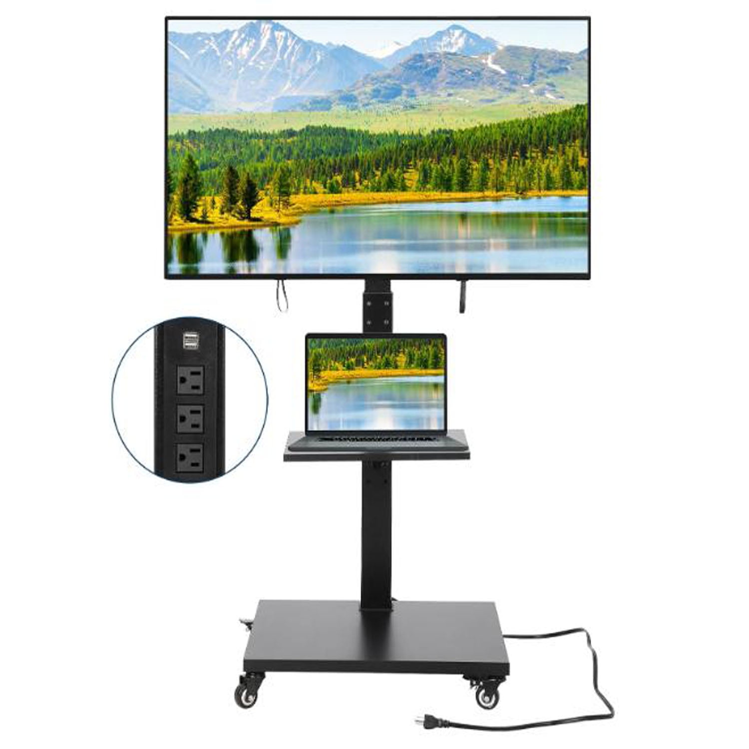 Studyset Mobile TV Stand with Power Outlet, Tilt & 360° Swivel Rolling TV Cart, Height Adjustable Portable TV Stand On Wheels for 32-75 Inch TVs, Holds Up to 110lbs, Outdoor TV Cart Trolley with Wheel