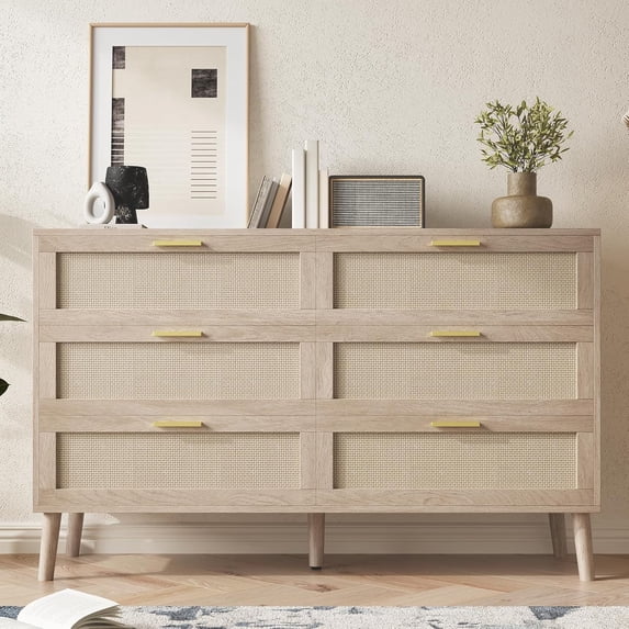 Studyset Modern 6-Drawer Rattan Dresser with Handles 47.2" Wide Storage Chest,Boho Double Dresser Chest of Drawers Large Table Top Large Closet Dressers Storage Cabinet Beside Table for Closet