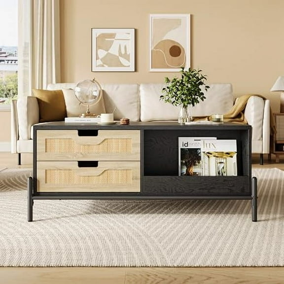 Studyset Modern Coffee Table, 39.4" Rectangular Coffee Table with Nature Rattan Drawers and Storage Shelves, Funky Center Table with Led Lights, Black Cocktail Table for Living Room Apartment
