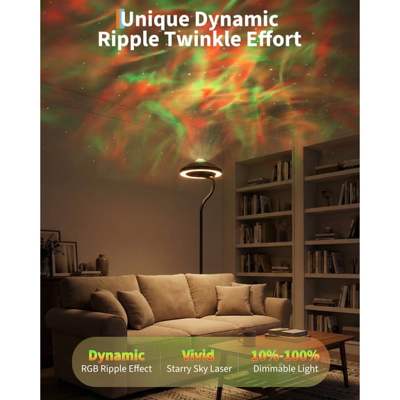 Studyset Modern Lighting for Living Room or Office Floor Lamp, Cycle Color Transition Ambient LED, Ripple Water Light and Star Projector w/ 350° Rotating Design, Magnetic Remote Control, Timer