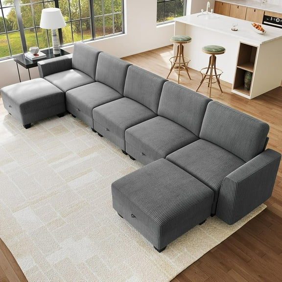Studyset Modular Sectional Sofa with Storage, Oversized Convertible Couch for Living Room, Comfy Sectional Couches with Movable Ottoman, 140” 7 Seater L-Shaped Sofas U Shape, Linen, Dark Grey