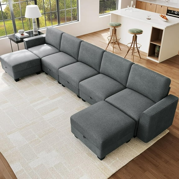 Studyset Modular Sectional Sofa with Storage, Oversized Convertible Couch for Living Room, Comfy Sectional Couches with Movable Ottoman, 140” 7 Seater L-Shaped Sofas U Shape, Linen, Dark Grey