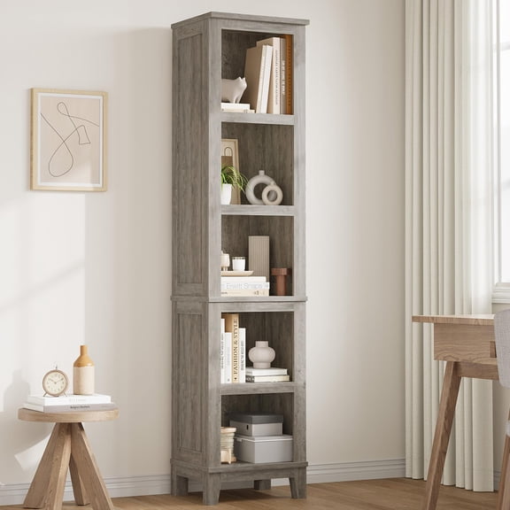 Studyset Narrow Bookcase 5 Tier Farmhouse Bookshelf Open Storage Shelf and Bookcase 1" Tall Narrow Bookshelf w/Wooden Legs, Multimedia Storage Tower for Living Room, Home Office, Dinning Room