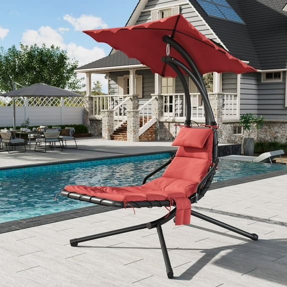 Studyset Outdoor Hanging Curved Steel Chaise Lounge Chair Swing,Hanging Curved Chaise Lounge Chair Umbrella,Hanging Chaise Lounge Swing Chair, Curved Steel Hammock Lounger Chairs for Outdoor Indoor
