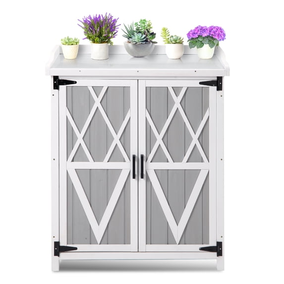 Studyset Outdoor Potting Bench - Wooden Storage Cabinets with Metal Tabletop Planting Work Benches with Adjustable Shelf Double Doors Garden Work Bench for Backyard Patio Lawn