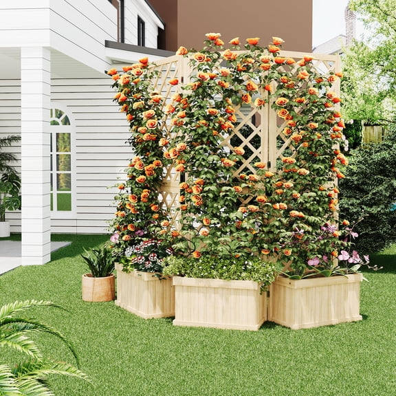 Studyset Outdoor Privacy Screen,Cedar Privacy Screen with Planter Box - 2-Panel Freestanding Garden Fence,41"x10"x65" Tall Outdoor Divider with Drain Holes & Raised Bed,Wood Fence Panel for Backyard