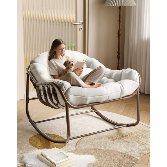 Studyset Outdoor Rocking Chair,Oversized Comfy Patio Chair Oversized Wicker Lounge Chair with Cushion and Metal Frame,Patio Rattan Egg Rocker for Balcony Backyard Porch Bedroom