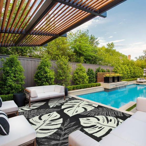 Studyset Outdoor Rug Waterproof 8x10 Reversible Outdoor Plastic Straw Rug Modern Palm Leaves Patio Rug Indoor Outdoor Mat RV Mat Outside Large Outdoor Plastic Straw Rug for Patio Camp Balcony Deck