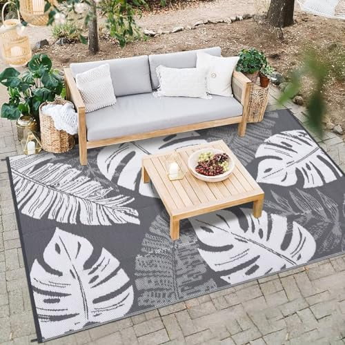 Studyset Outdoor Rug Waterproof 8x10 Reversible Outdoor Plastic Straw Rug Modern Palm Leaves Patio Rug Indoor Outdoor Mat RV Mat Outside Large Outdoor Plastic Straw Rug for Patio Camp Balcony Deck