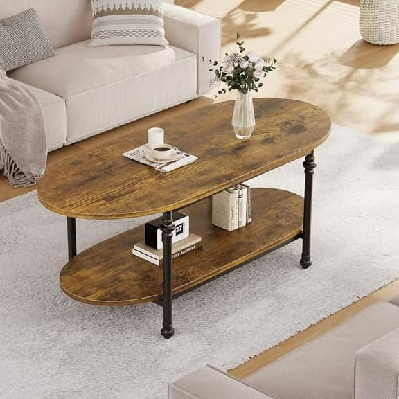 Studyset Oval Coffee Table Brown, 2 Tier Center Table with Open Storage, Modern Industrial Tea Table, Wooden Cocktail Table with Metal Frame for Living Room, Farmhouse Console Table