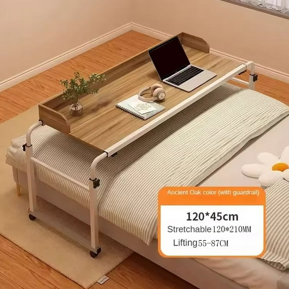Studyset Overbed Table With Wheels, Overbed Desk Adjustable Overbed Table With 4 Lockable Wheels And Fence, Adjustable Laptop Table For Home Office Hospital Bedroom