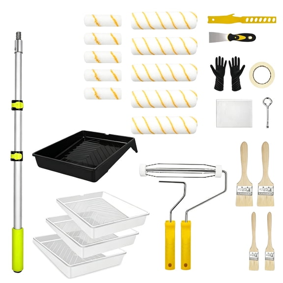 Studyset Paint Roller Kit with Extension Pole, Paint Roller Kit with 2-4FT Extendable Aluminum Pole, 9" & 4" Rollers Microfiber Roller Included, Multi-Function Painting Tools for Indoor & Outdoor Pro